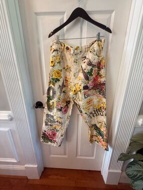 Magnolia Pearl Floral & Bird Print Distressed Cargo Pants - Cream